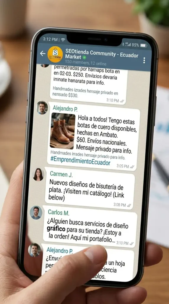 persona sostiene un movil con un chat abierto en en grupo de seotienda